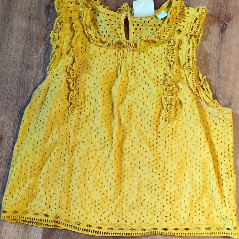 Anthropologie Maeve Mustard Eyelet Ruffle Blouse